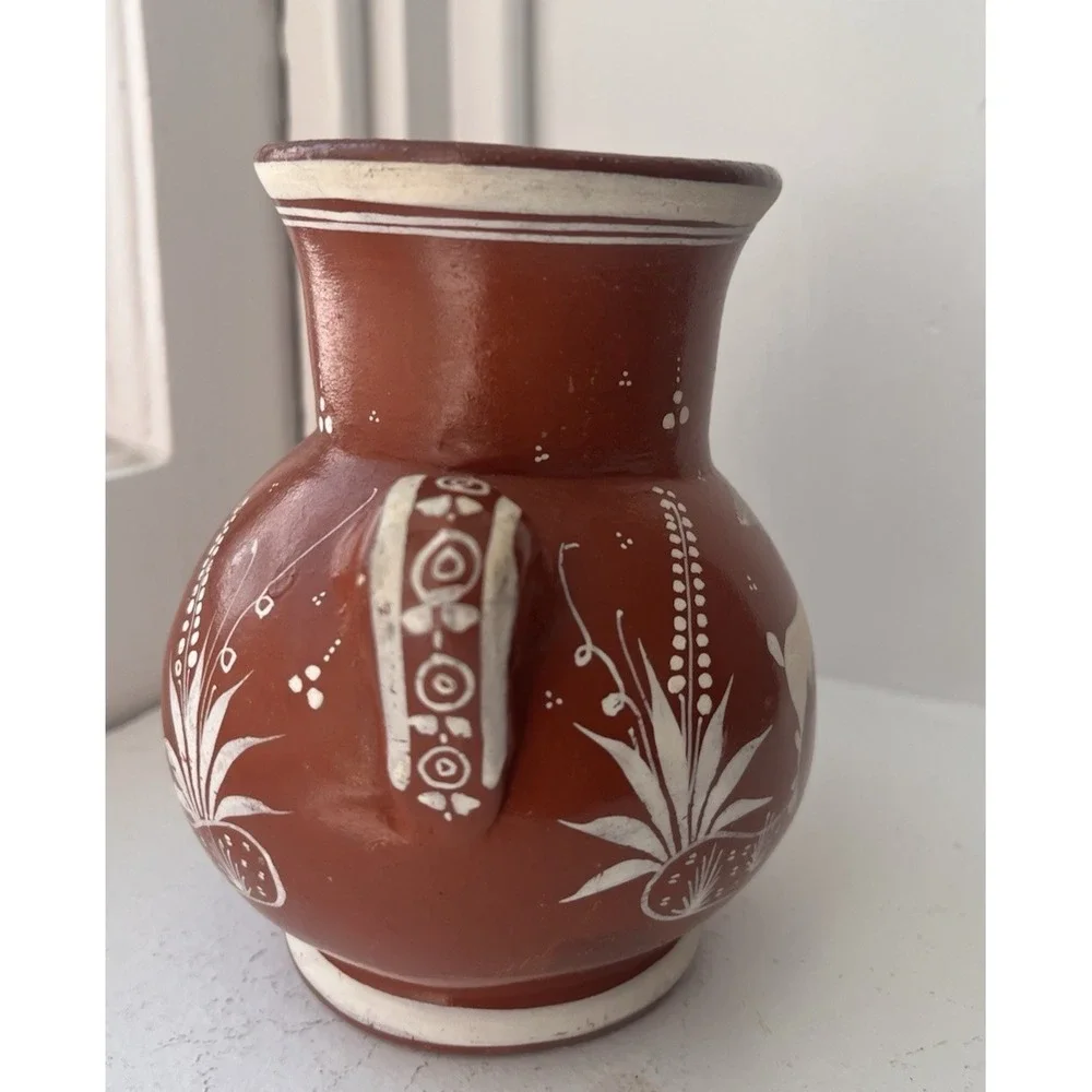 Vintage Handmade Mexican Pottery Vase Bird Flower Deer Signed J.‎ Pila Red Clay